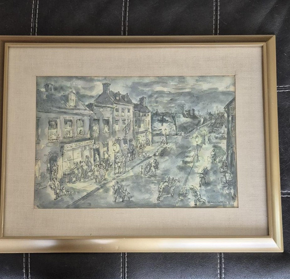 ORIGINAL AARON SOPHER STREET AND HARBOR SCENE WATERCOLOR PAINTING SIGNED ART