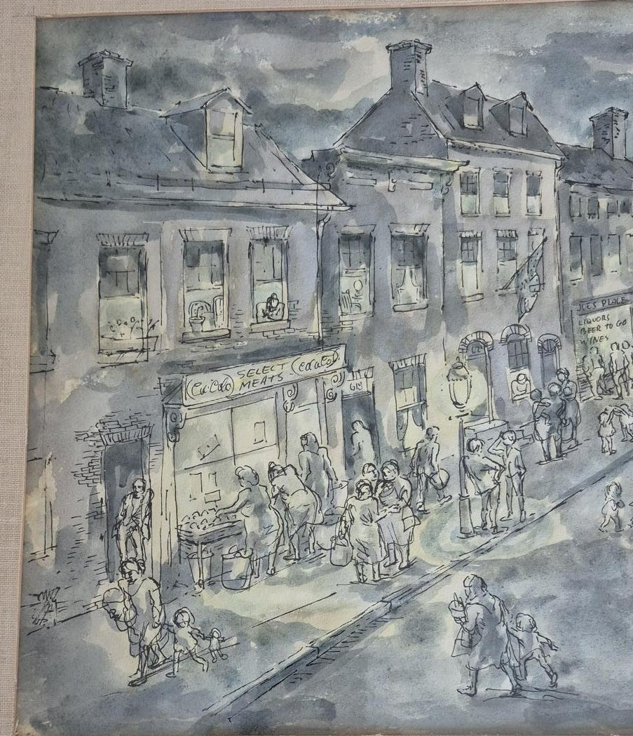 ORIGINAL AARON SOPHER STREET AND HARBOR SCENE WATERCOLOR PAINTING SIGNED ART