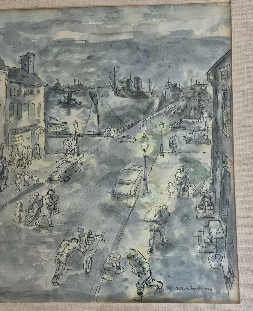 ORIGINAL AARON SOPHER STREET AND HARBOR SCENE WATERCOLOR PAINTING SIGNED ART