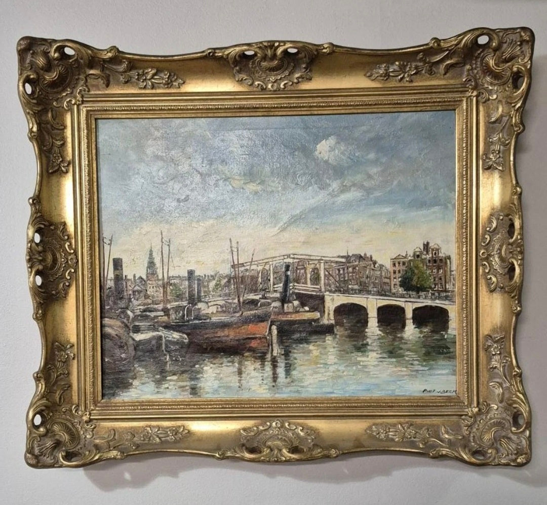 Original Piet van Beek Dutch Oil Painting Signed Beautiful Harbor