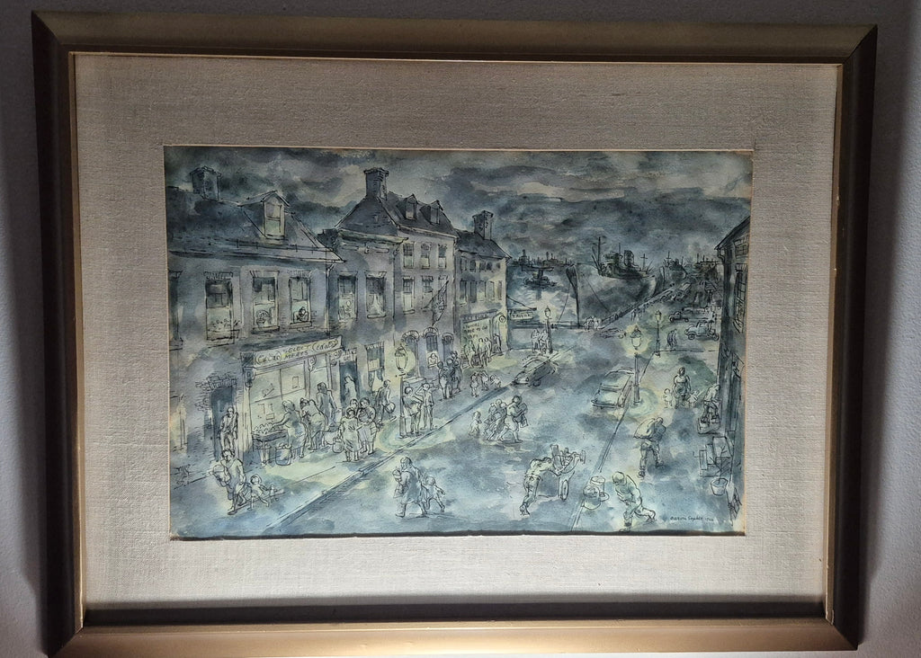 ORIGINAL AARON SOPHER STREET AND HARBOR SCENE WATERCOLOR PAINTING SIGNED ART