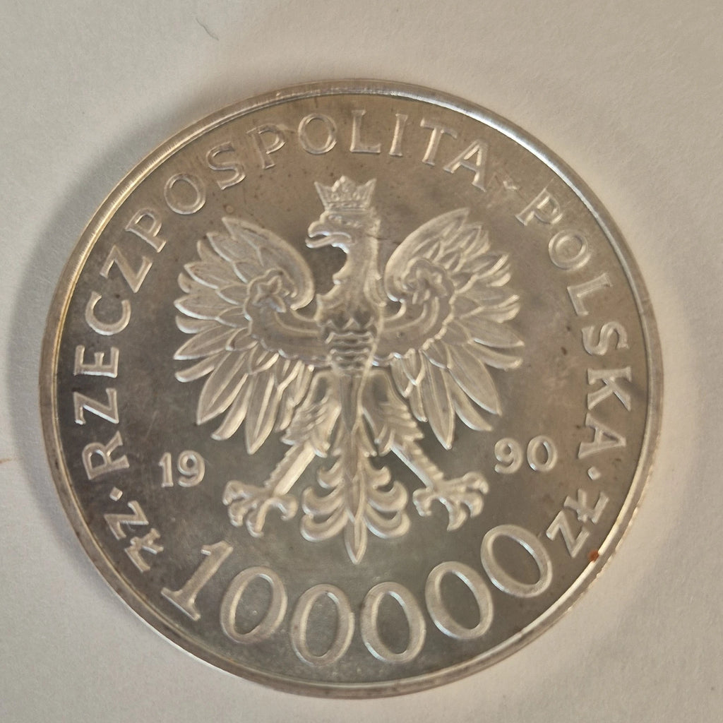Poland 100,000 Złotych 1 Troy oz .999 Fine Silver 1990 Solidarity Silver Coin