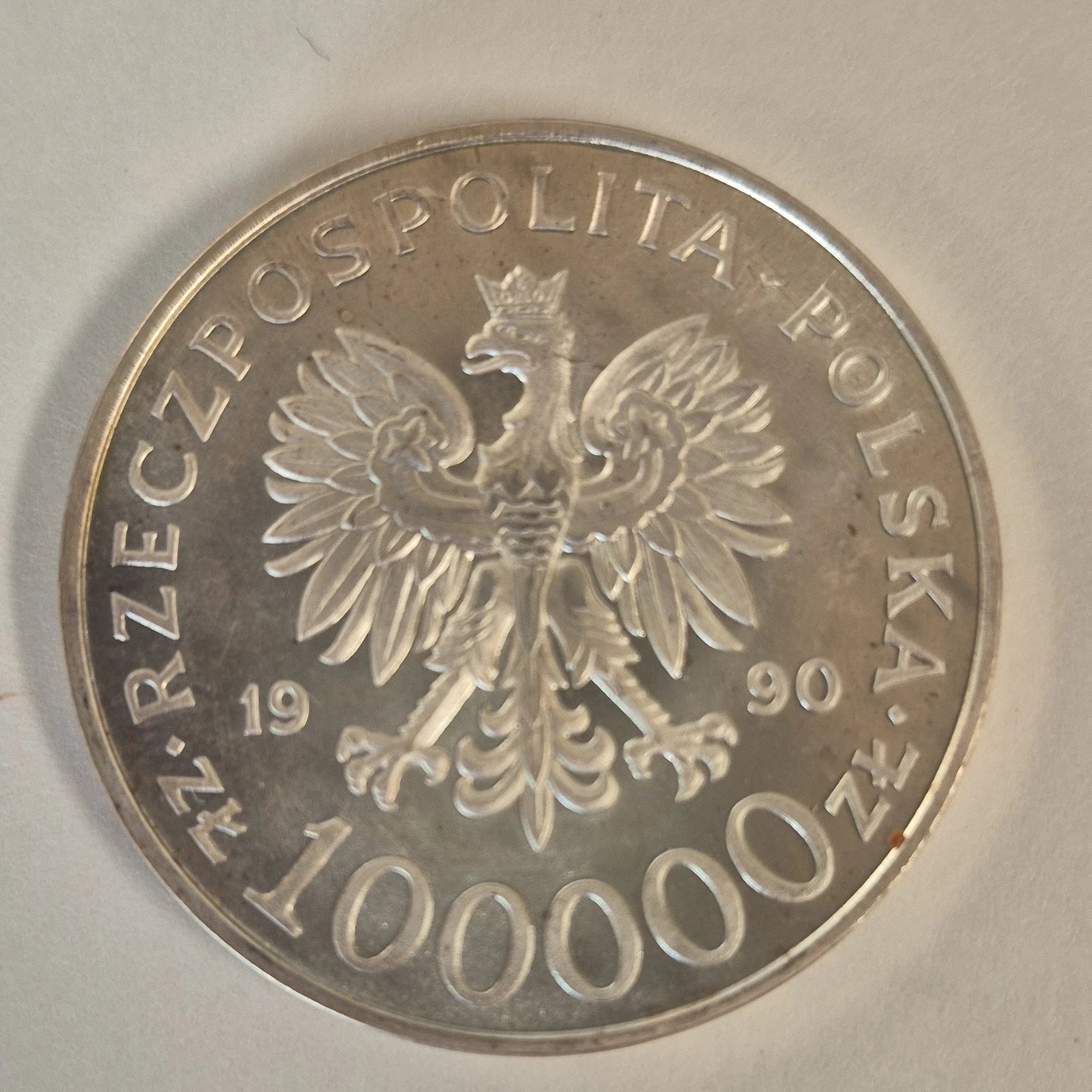 Poland 100,000 Złotych 1 Troy oz .999 Fine Silver 1990 Solidarity Silver Coin