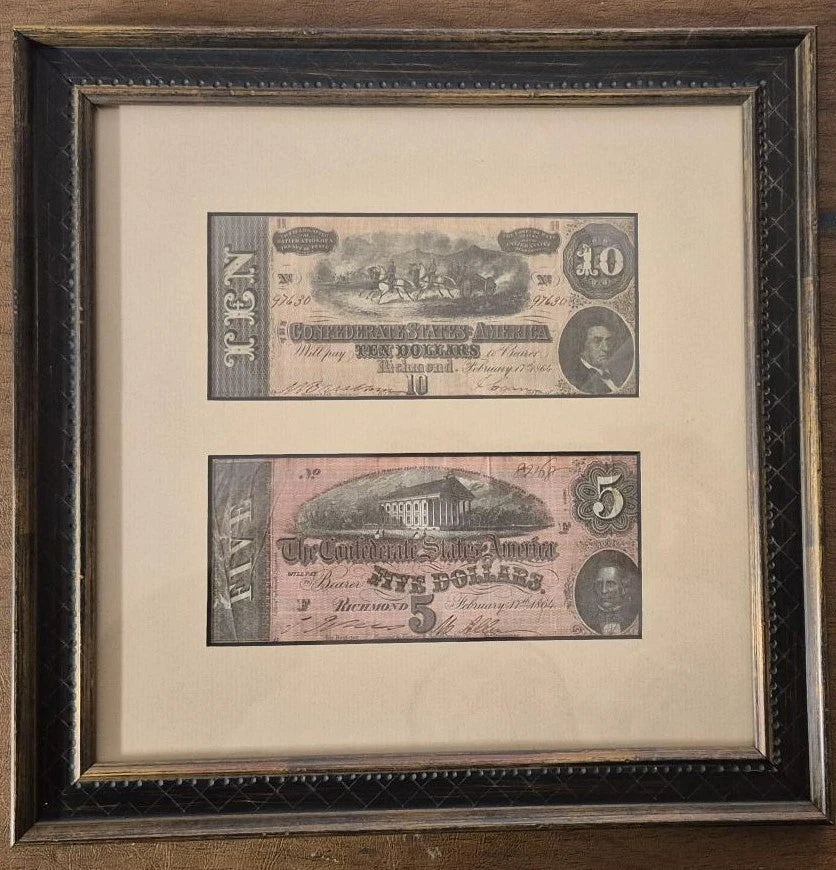 1864 Confederate Civil War Vintage $5 and $10 Dollar Bills Rare Paper Money